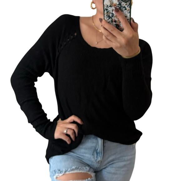 American Eagle S Black Oversized Lace Up Ribbed Knit Scoop Long Sleeve Sweater - Picture 1 of 7